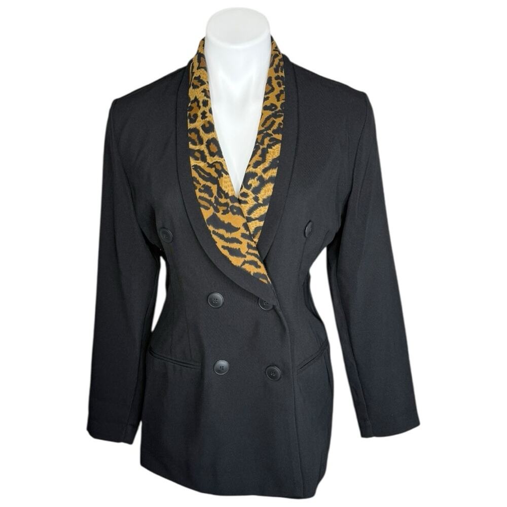 Vintage 90s Leopard Trim Blazer Black Double Breasted Jacket Mob Wife Size 8
